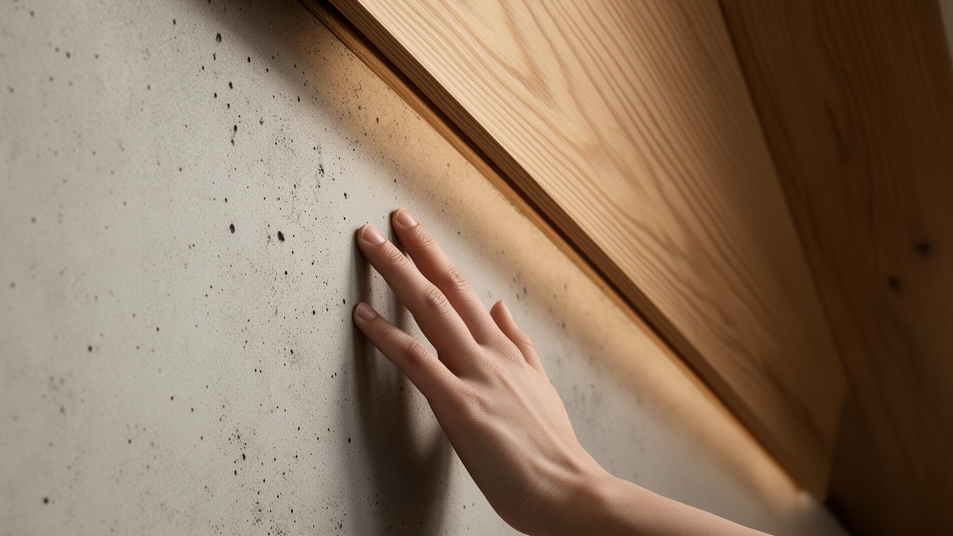 Hand touching concrete and cedar interior detail